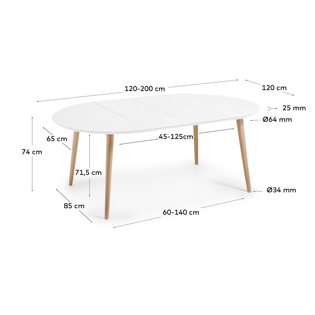 Oqui round extendable MDF table with white lacquer and solid beech legs 120(200)x120 cm