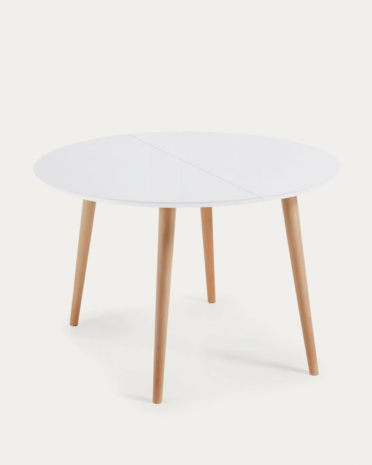 Oqui round extendable MDF table with white lacquer and solid beech legs 120(200)x120 cm