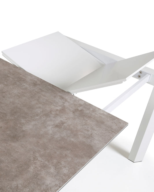 Axis extendable ceramic table in Vulcano Ceniza finish, white steel legs 120 (180) cm