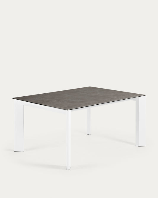 Axis extendable ceramic table in Vulcano Ceniza finish, white steel legs 160 (220) cm