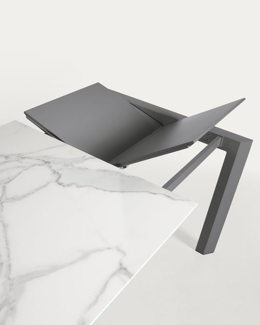 Axis extendable porcelain table with Kalos Blanco finish and dark grey legs, 120 (180) cm