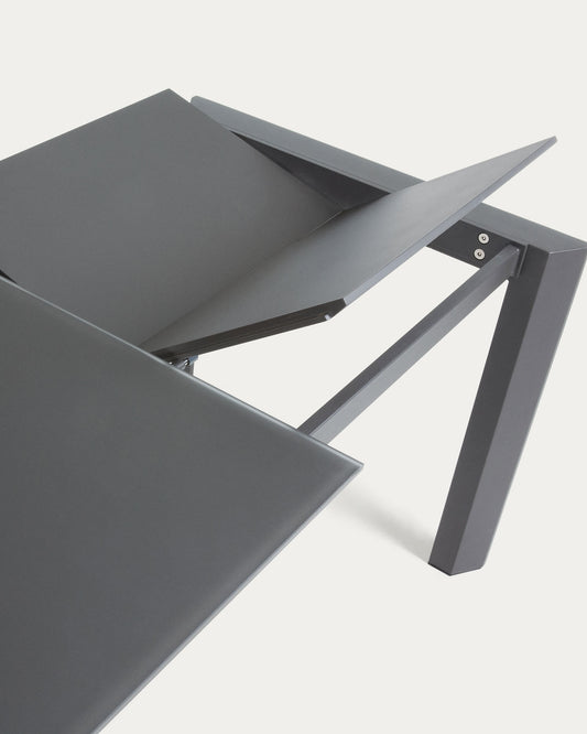 Axis extendable table in grey glass with steel legs in a dark grey finish, 140 (200) cm