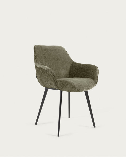 Amira chair in dark green chenille with steel legs with black finish