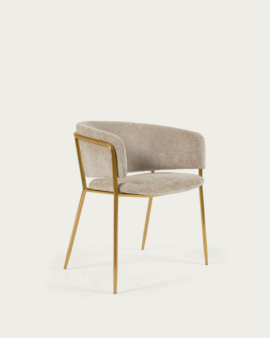 Runnie chair in beige chenille with steel legs and gold finish