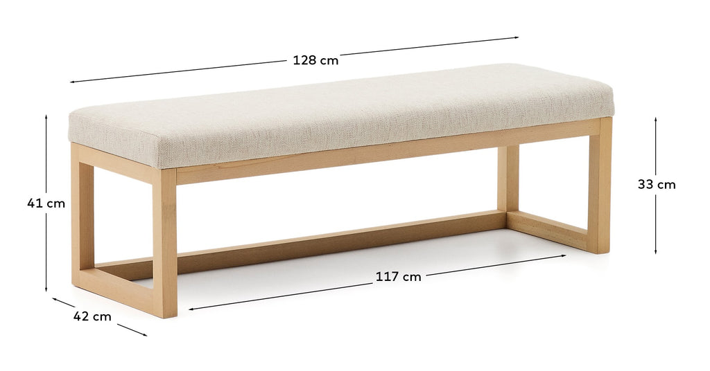 Loya bench in beige chenille and beech wood 128cm