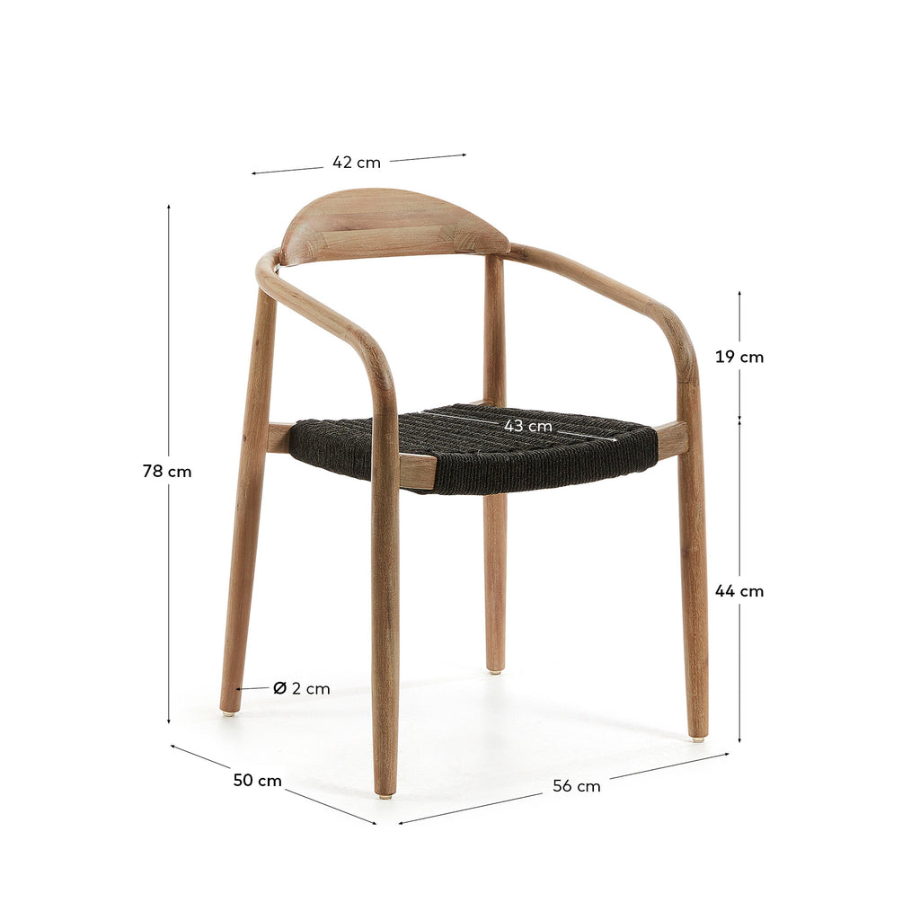 Nina stackable chair in solid acacia wood and black rope seat FSC 100%