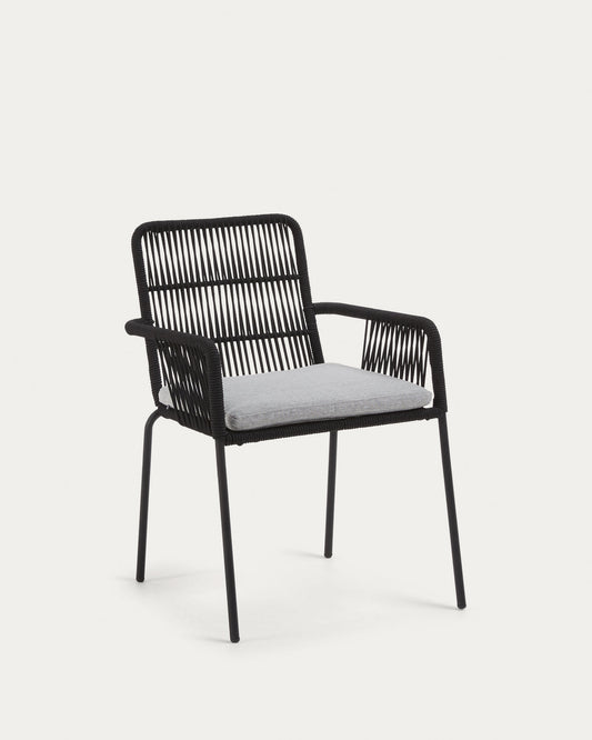 Samanta stackable chair made from black cord and galvanised steel legs.