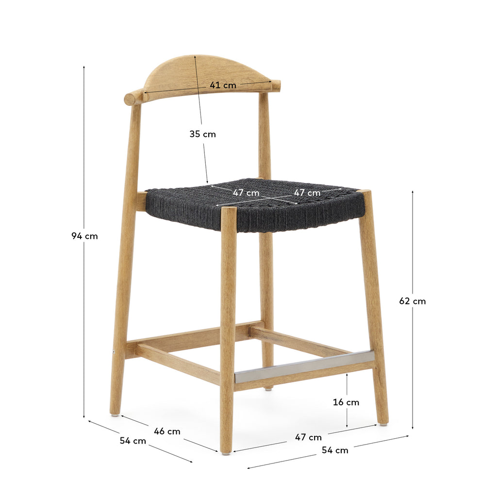 Nina Stool made of solid acacia wood with natural finish and black rope, height 62 cm