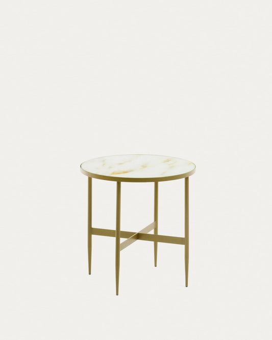 Elisenda glass side table in white with golden steel structure Ø 50 cm