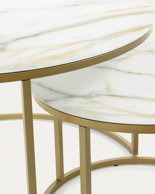 Set of 2 Leonor glass side tables in white and golden steel structure Ø 80 cm / Ø 50 cm