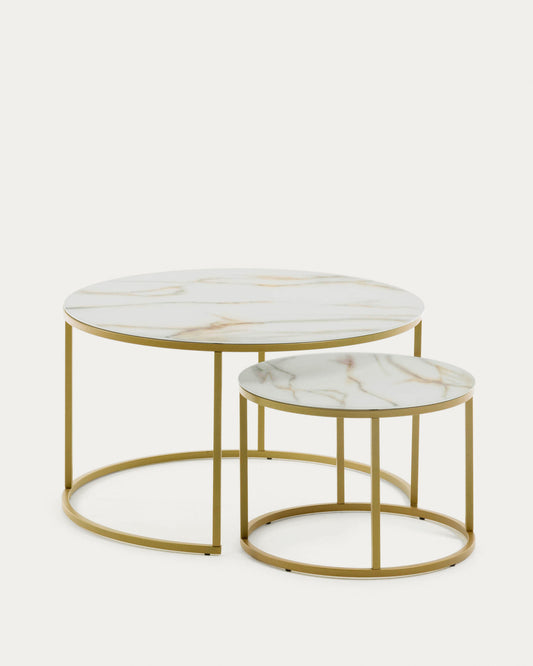 Set of 2 Leonor glass side tables in white and golden steel structure Ø 80 cm / Ø 50 cm