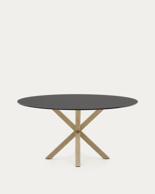 Argo round table in frosted black glass and wood effect steel legs, Ø 150 cm