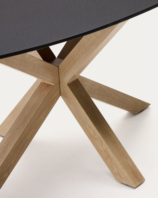 Argo oval table in matt black glass and wood-effect steel legs Ø 200 x 100 cm