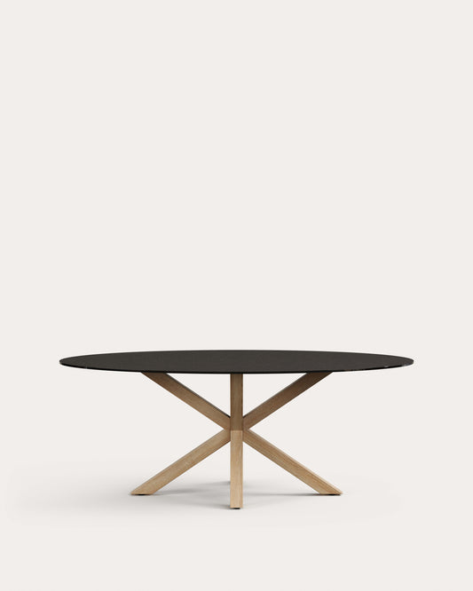 Argo oval table in matt black glass and wood-effect steel legs Ø 200 x 100 cm