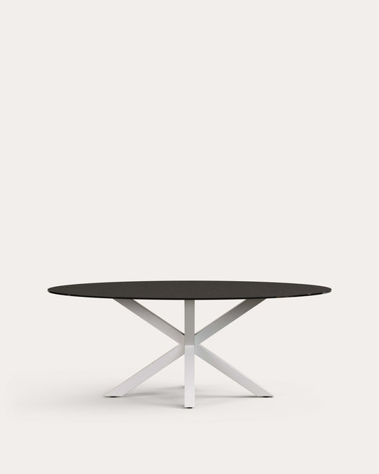 Argo oval table in matt black glass and steel legs with white finish Ø 200 x 100 cm