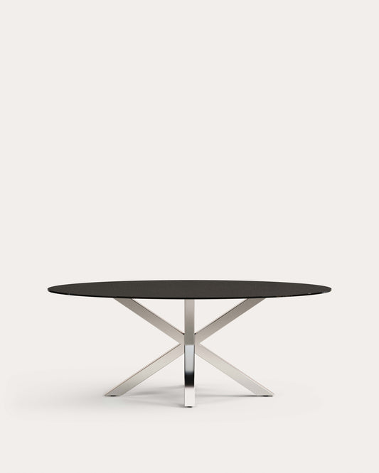 Argo oval table in matt black glass and stainless steel legs Ø 200 x 100 cm