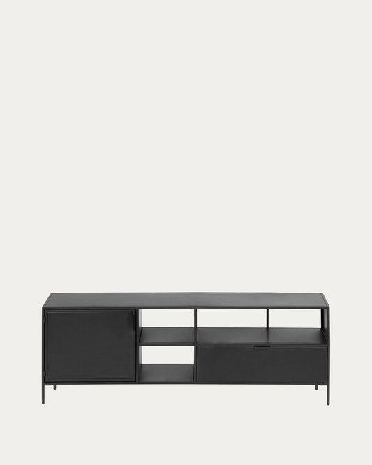 Shantay metal TV stand in a painted black finish with 1 door and drawer, 150 x 50 cm