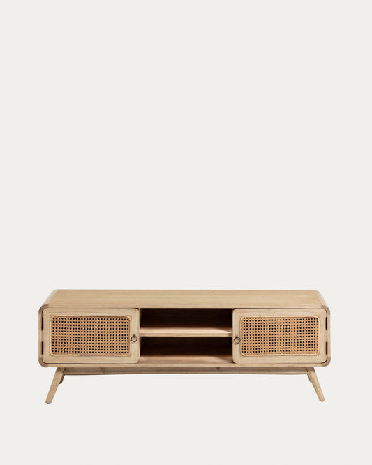 Nalu 2 door solid white cedarwood & rattan TV stand, 150 x 50 cm