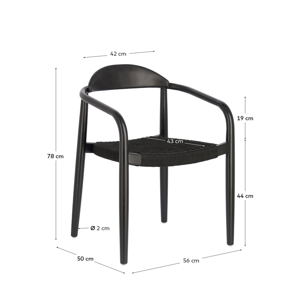Nina stackable chair in solid acacia wood with black finish and black rope seat FSC 100%