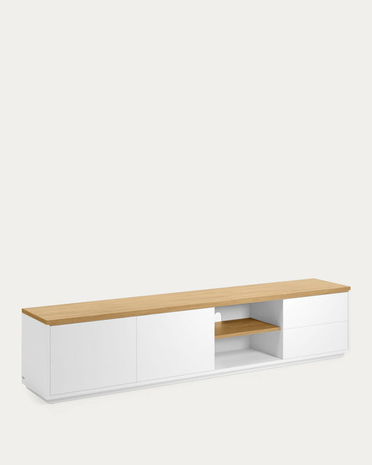 Abilen oak wood veneer TV stand with 2 doora and 2 drawers in white lacquer, 200 x 44 cm FSC 100%