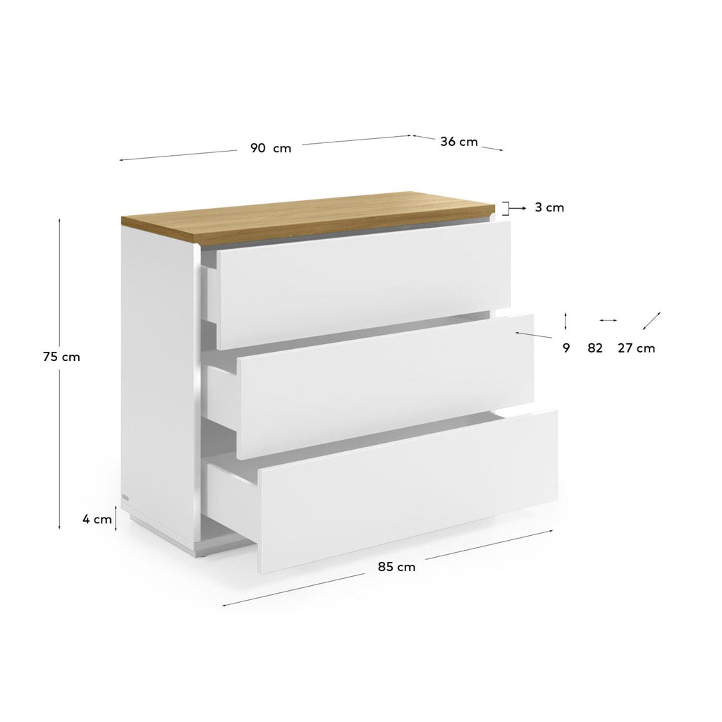 Abilen 3-drawer oak veneer and white lacquer chest of drawers 90 x 75 cm FSC 100%