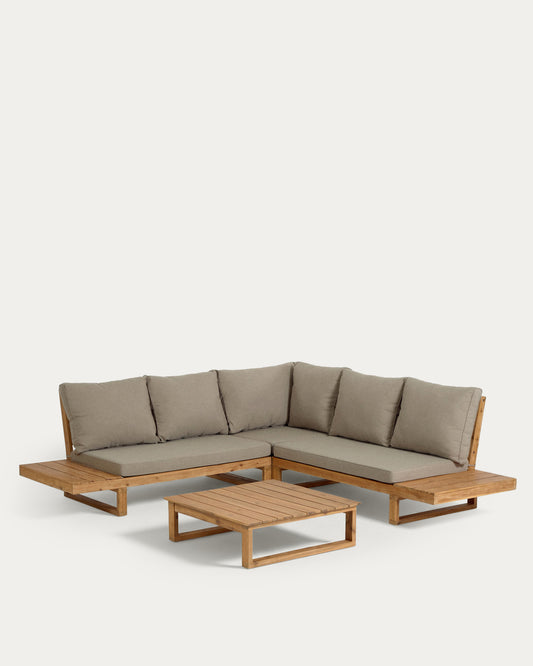 Flaviina 5 seater solid acacia wood corner sofa set with table