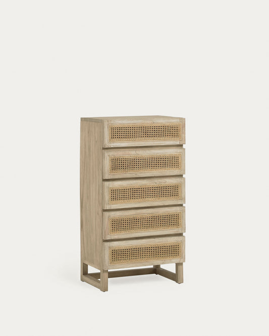 Rexit solid mindi wood and veneer chest of 5 drawers with rattan 60 x 113 cm