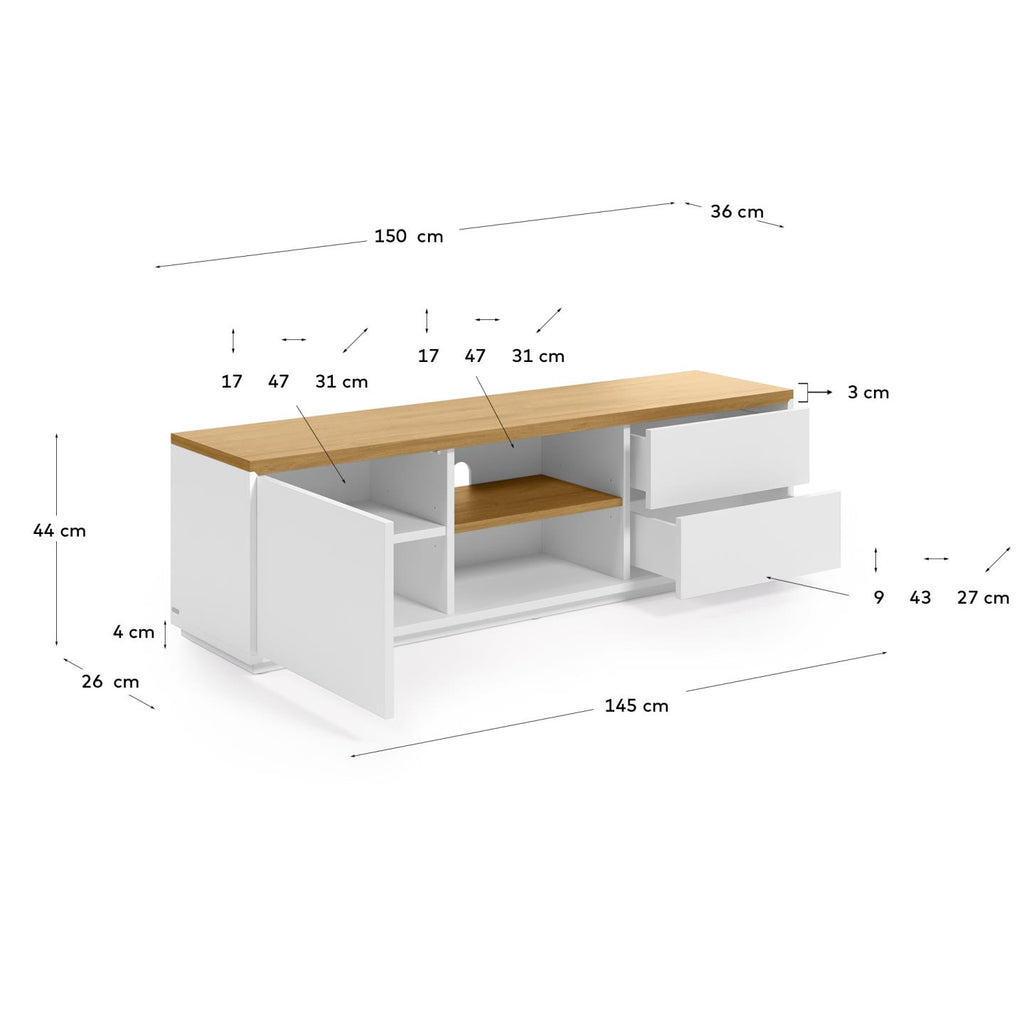 Abilen oak wood veneer TV stand with 1 door & 2 drawers in white lacquer, 150 x 44 cm FSC 100%
