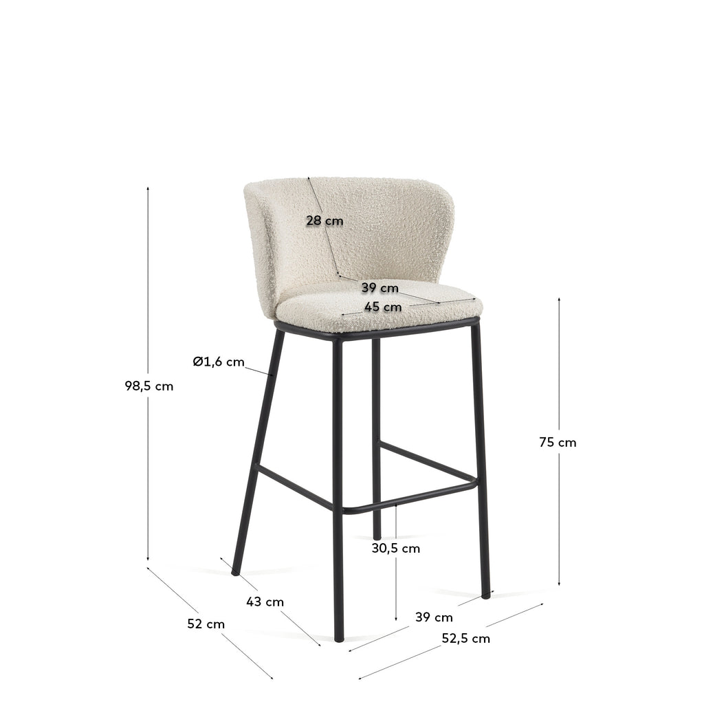 Ciselia stool with white bouclé and black steel legs height 75 cm FSC Mix Credit
