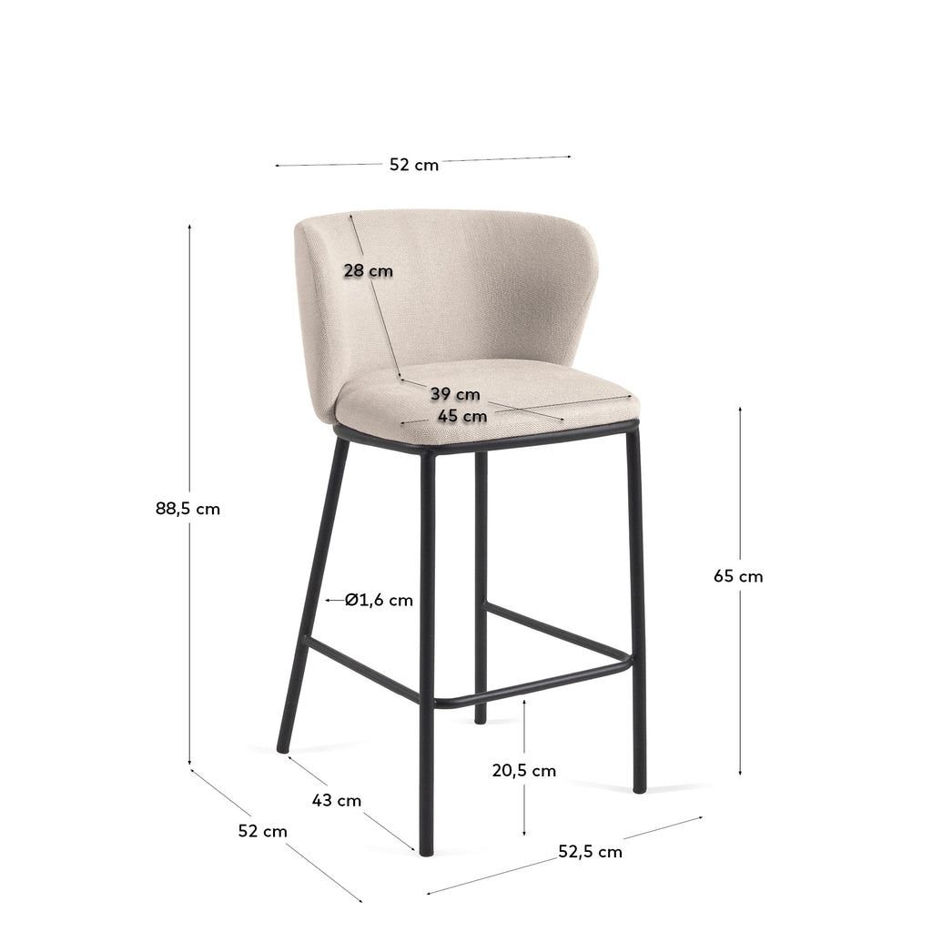 Ciselia stool in beige chenille with steel legs in black 65 cm height FSC Mix Credit