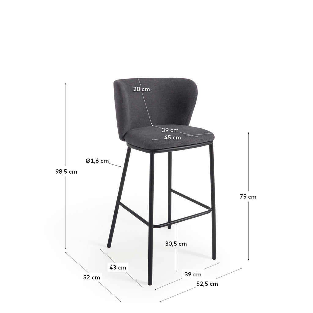 Ciselia stool in dark grey chenille and black steel legs 75 cm FSC Mix Credit