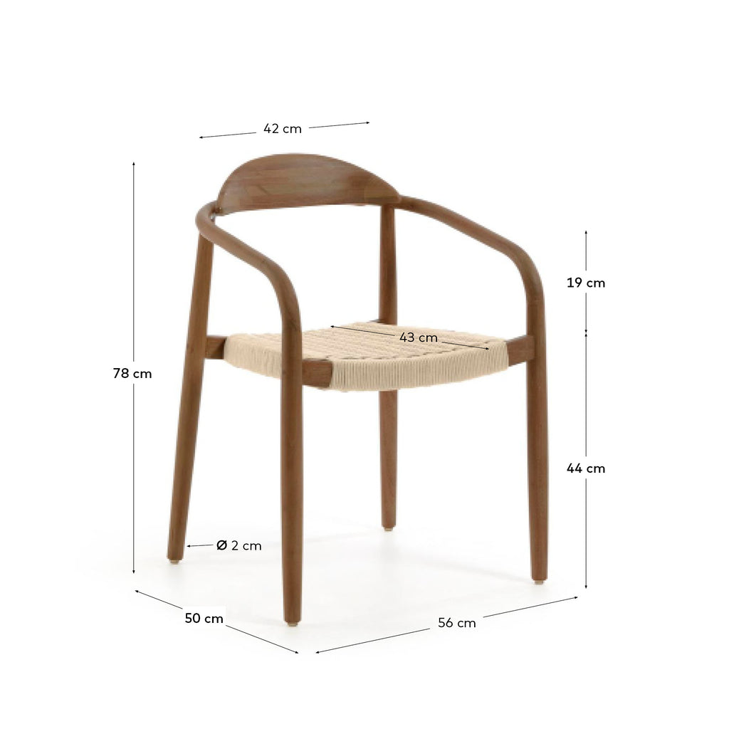 Nina stackable chair in solid acacia wood with walnut finish and beige rope seat FSC 100%