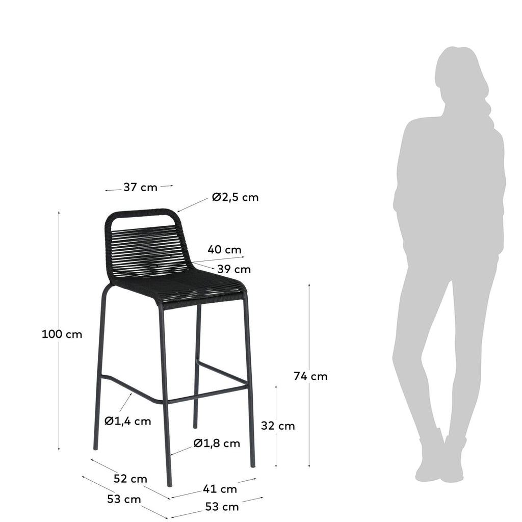 Lambton stackable stool in black rope and black finish steel, 74 cm