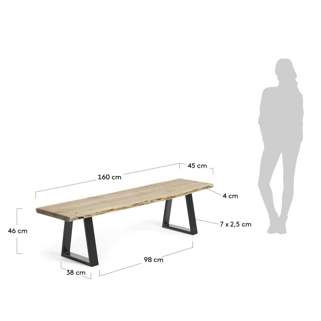 Alaia bench in solid acacia wood with black steel legs, 160 cm