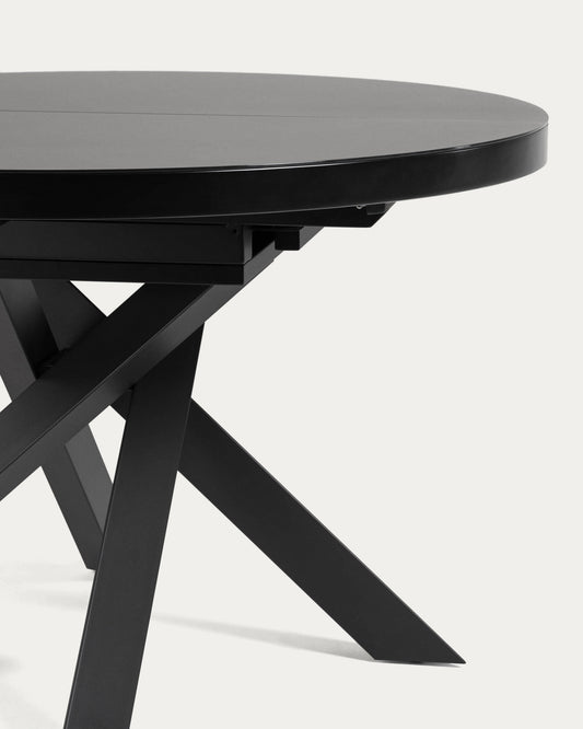 Vashti extendable round glass table with steel legs with black finish Ø 120 (160) cm