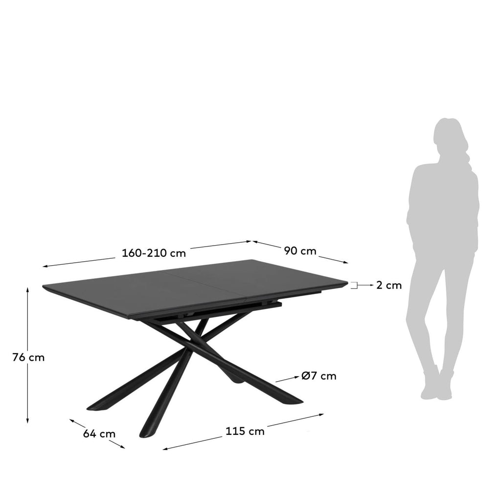 Theone extendable glass table with steel legs with black finish 160 (210) x 90 cm