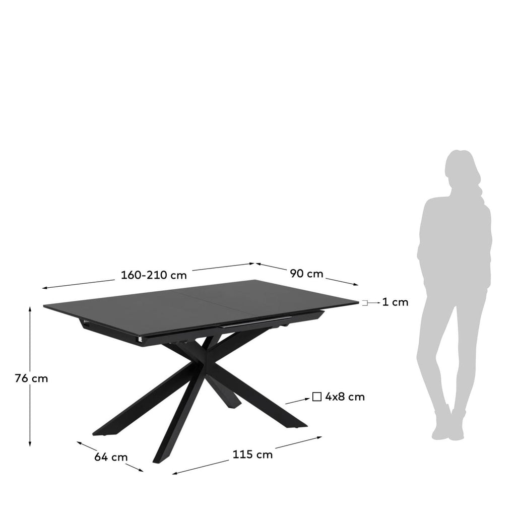 Atminda extendable glass table with steel legs with black finish 160 (210) x 90 cm