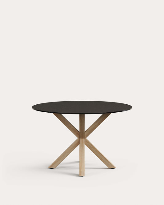 Argo round table in frosted black glass and wood effect steel legs, Ø 120 cm