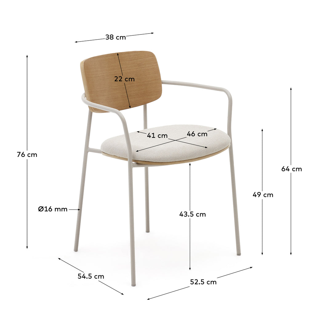 Maureen stackable chair in poplar plywood with light tone finish and beige metal legs, 100% FSC