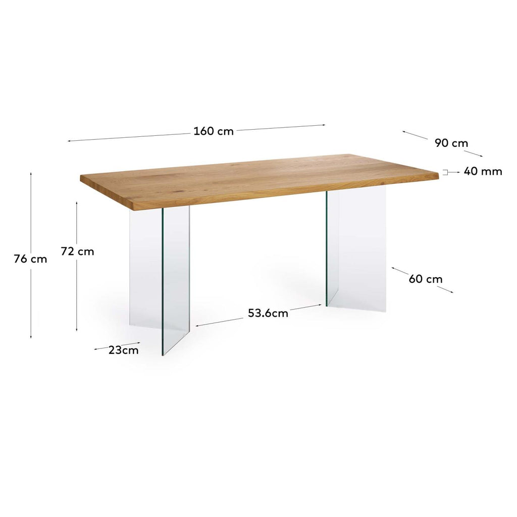 Lotty table in oak veneer with natural finish and glass legs 160 x 90 cm