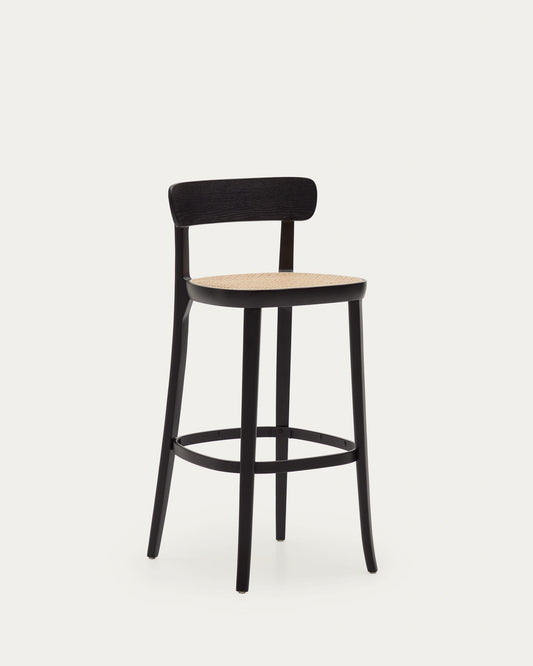 Romane beechwood stool with a black finish, ash wood veneer and ratan seat height 75 cm