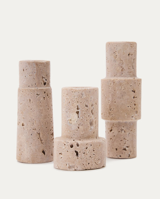 Majid set of 3 beige travertine candle holders