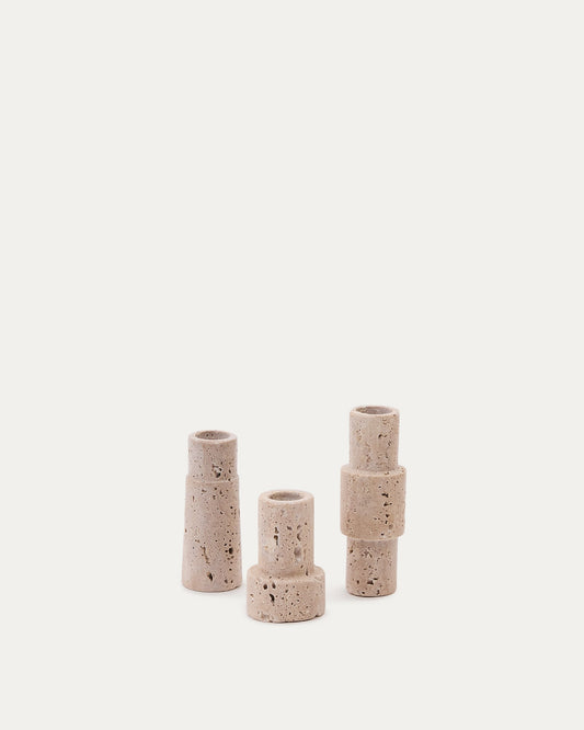 Majid set of 3 beige travertine candle holders