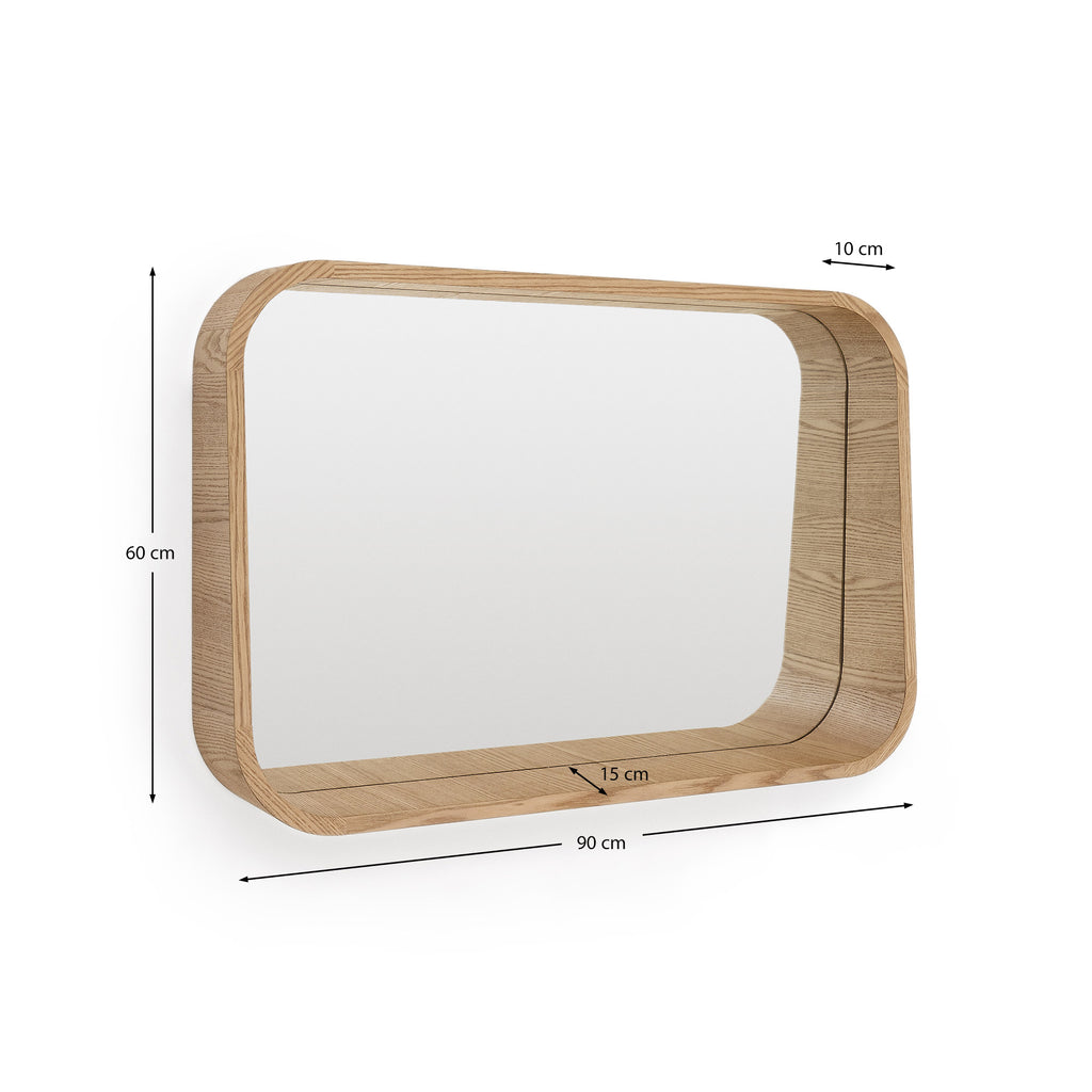 Salaya ash laminated plywood framed mirror in a natural finish, 90 x 60 cm