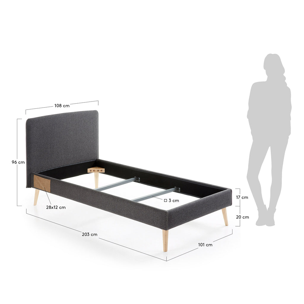 Dyla bed with removable cover in black white solid beech wood legs, for a 90 x 190 cm mattress