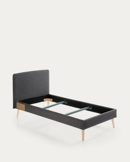 Dyla bed with removable cover in black white solid beech wood legs, for a 90 x 190 cm mattress