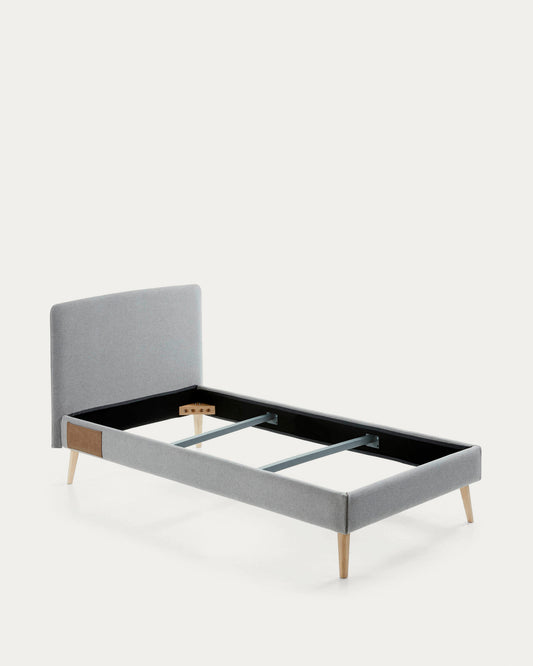 Dyla bed with removable cover in light grey, with solid beech wood legs for a 90 x 190 cm mattress