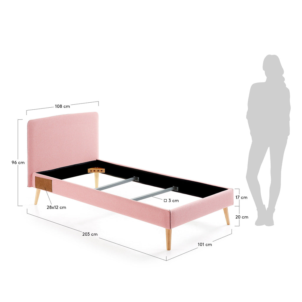 Dyla bed with removable cover in pink, with solid beech wood legs for a 90 x 190 cm mattress
