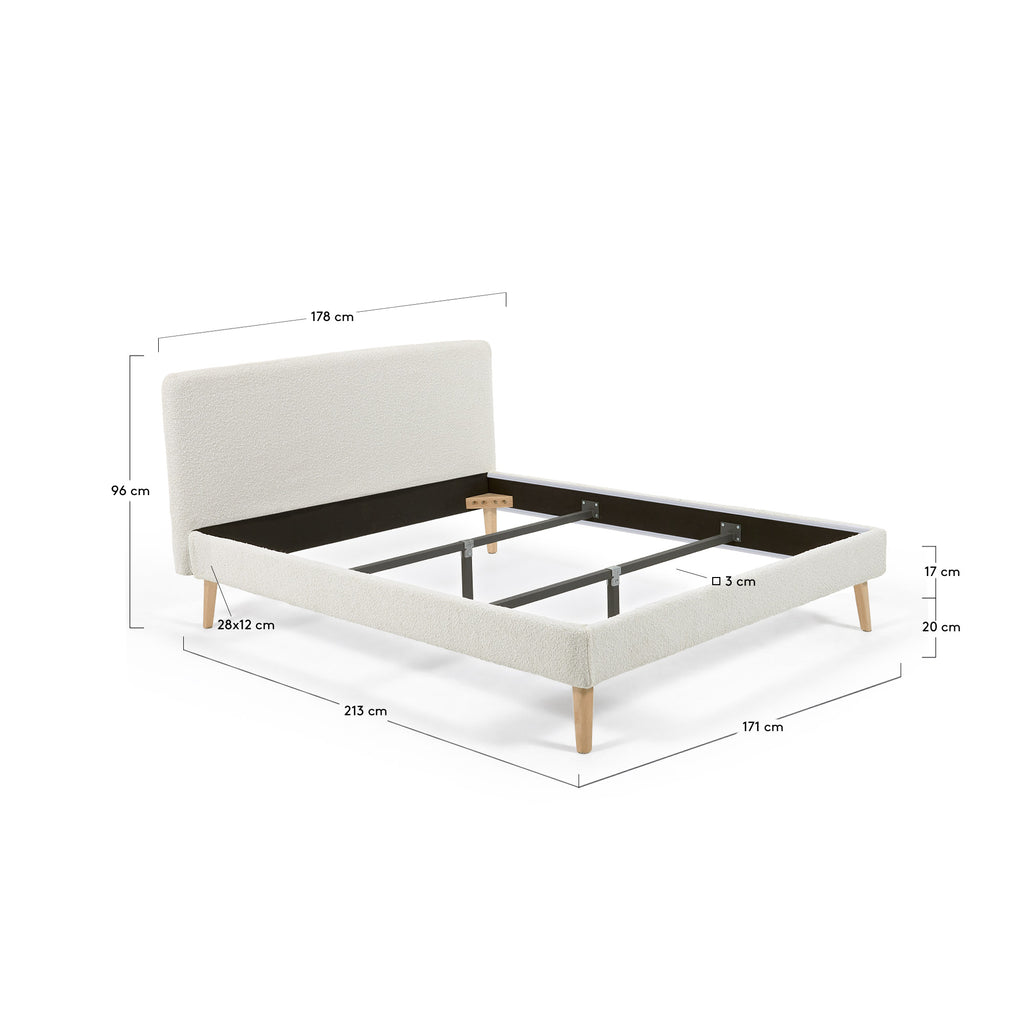 Dyla bed in white bouclé, with solid beech wood legs for a 160 x 200 cm mattress