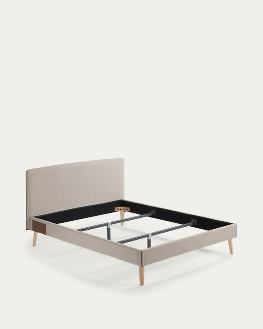 Dyla bed with removable cover in beige, with solid beech wood legs for a 160 x 200 cm mattress